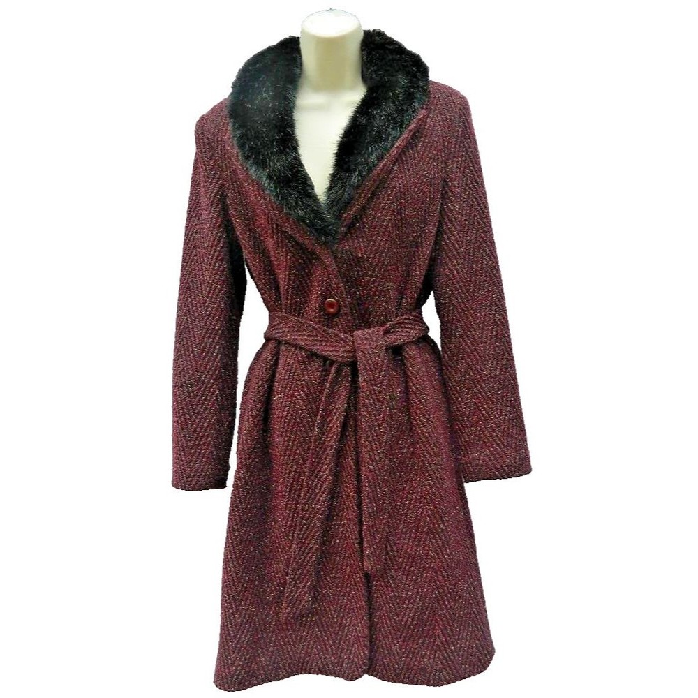 Elegant Burgundy Pea Coat with Faux Fur Collar